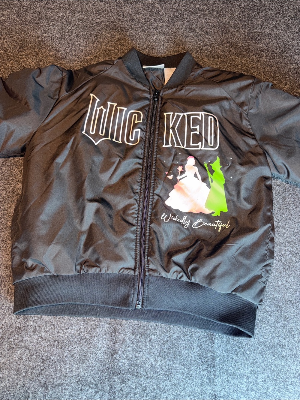 Girls 7/8 Black 'WICKED' Graphic Bomber Jacket with Pink & Green Graphic